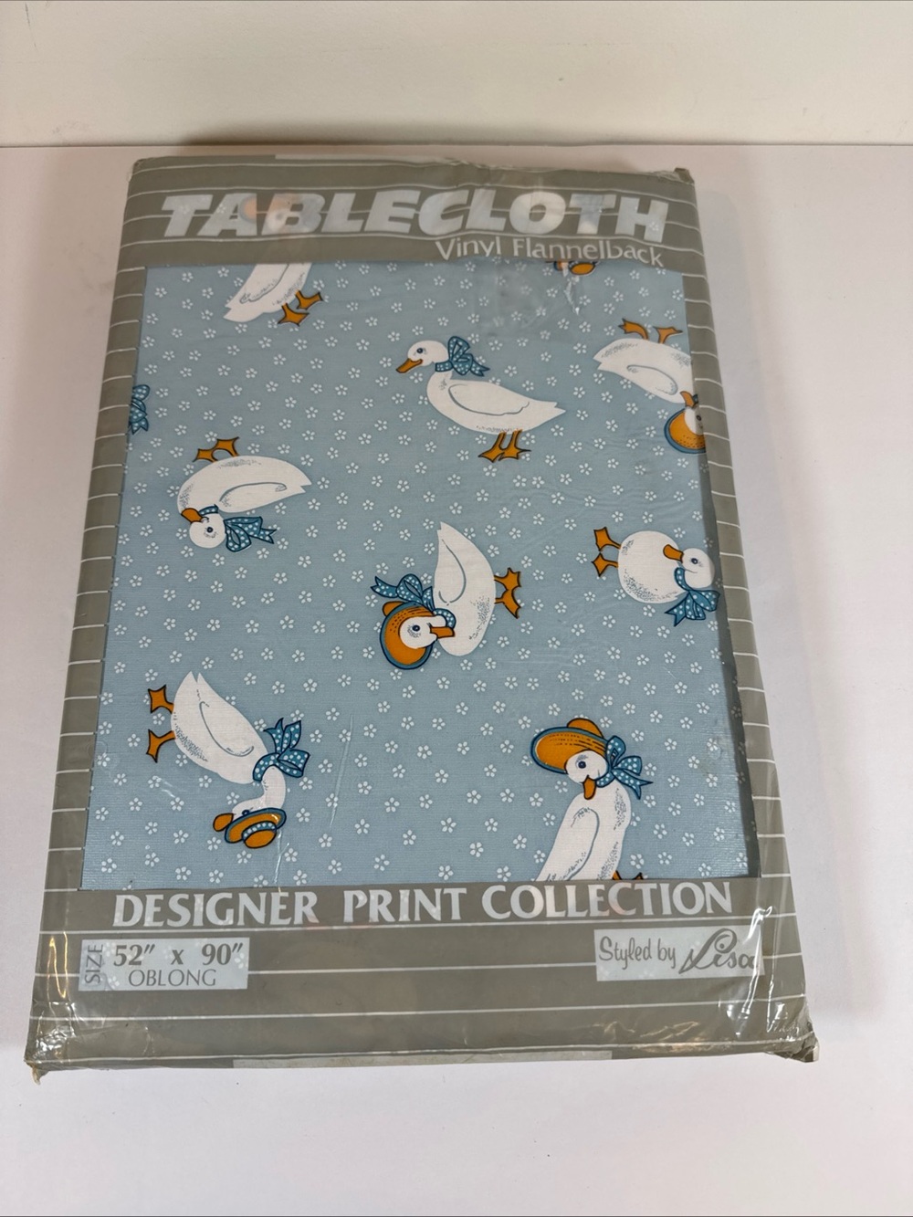 Tablecloth Vinyl Flannelback with Goose Print - Light Blue